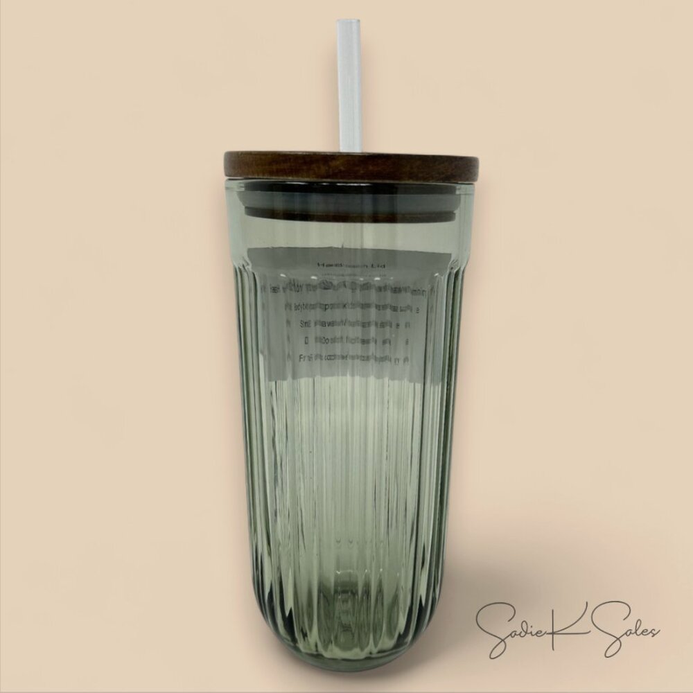 21oz Fluted Glass Tumbler with Wood Lid & Straw Green - Hearth & Hand Magnolia - Picture 5 of 5